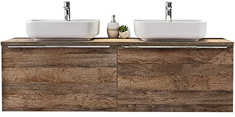 Lomadox Badezimmermöbel Doppel Waschtisch Unterschrank Set 160cm, Vintage Oak Eiche, 2 Keramik-Aufsatz Waschbecken, 4 Softclose-Schubkästen