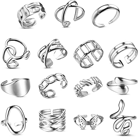 LOLIAS 16 Stück Ringe Set für Damen Edelstahl Knöchel Ringe Stapelbare Offene Daumen Ringe für Frauen Trendy Stapel Ringe Set Minimalistischer Fingerringe Damenring Set Silber