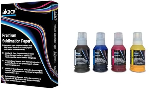akaca Encre de Sublimation (4X 127 ML) avec 100 Feuilles de Sublimation A4, 210 x 297 mm, 125 g/m², Compatibles avec Imprimante Epson EcoTank Supertank ET-2720 ET-2760 ET-2800 WF7710 ET-2850