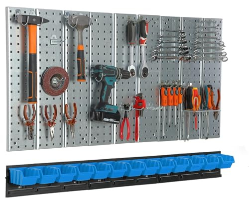botle Werkzeugwand Metall 117x72 cm Lagersystem mit Werkzeughaltern Werkzeughaken und 13 Stapelboxen 80 x 115 x 60 mm Farbe: blau Lochbrett Werkstatt Garage Steckbrett Elektrowerkzeuge Lochwand
