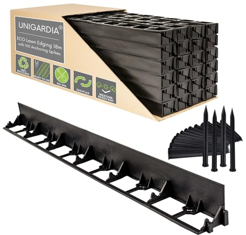 Bordure de Jardin en Plastique 18 mètres avec 100 Piquets d'ancrage - Bordurette de Pelouse Flexible, Utilisation Facile - 18 Bordures de Gazon (Largeur 1 m, Hauteur 78 mm)