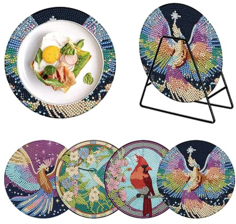 Starnearby Set di 4 Tovagliette da Tavola Rotonde in Legno, Tovagliette Diamond Painting Fai da te, Sotto Pentola Rotondo Sotto Piatti Resistente al Calore, Tovagliette Decorative Tavolo
