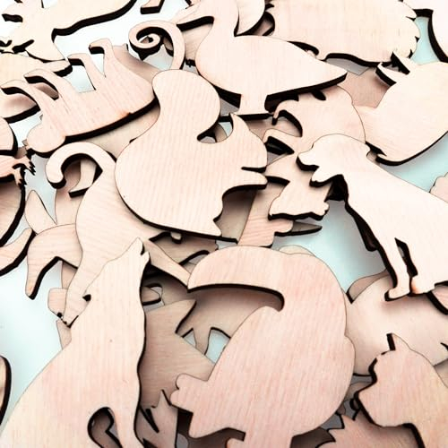 CHIC&CHARM 50 Stück, 25 Typen Holztiere, Tiere Formen, Natur 4,5 cm Holz, blanko, zum Basteln, Holzstucke, Mini tiere. DIY