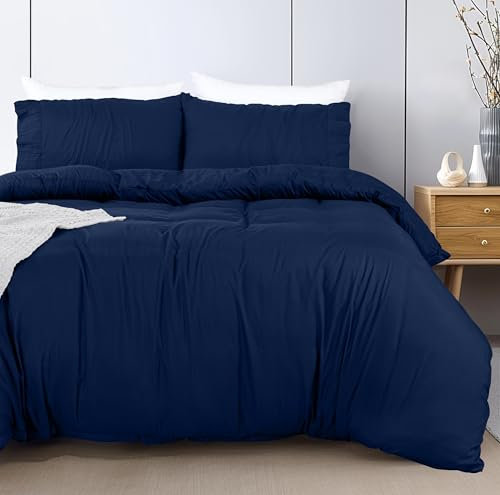 Utopia Bedding Bettwäsche 220x240 Set - Mikrofaser Polyester Bettbezug 240x220 cm + 2 Kissenbezüge mit Gefälteltem Saum 65x65 cm - Marineblau