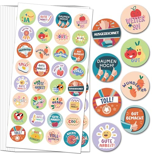 1600 Stück Belohnungsaufkleber, 25mm Motivationsaufkleber für Kinder, 32 Muster Selbstklebende Lehrer Belohnung Aufkleber, Deutsch Belohnungssticker Reward Stickers für Lehrerbedarf (Cartoon)