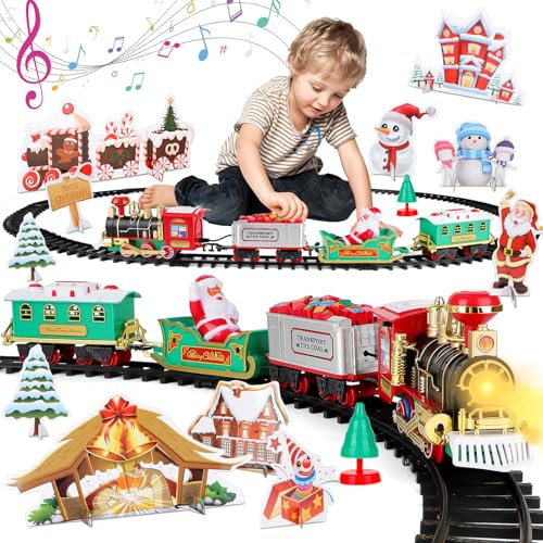 deAO Tren Clásico Infantil con Luces Y Sonidos Conjunto Navideño De Vías,Juego De Tren De Navidad con 4 Vagones, Niños Y Niñas