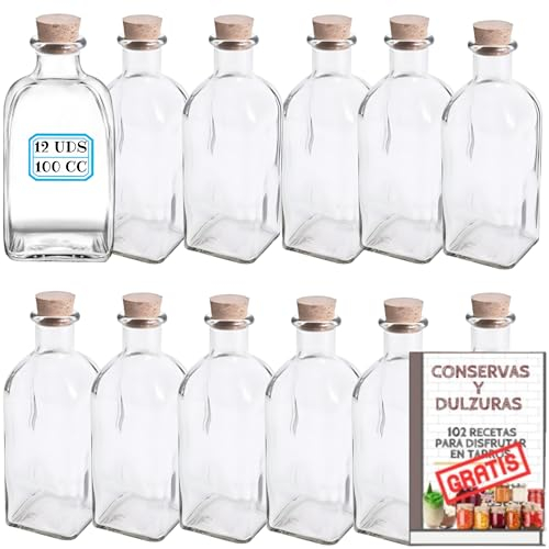 Pack 12 Frascas de Cristal con Tapón de Corcho de 100 ml - Frascos Cuadrados Herméticos Rellenables y Reutilizables Resistentes para Bebidas, Aceite, Vino, Licor... Incluye Etiquetas (100 cc)