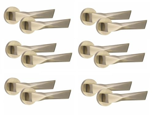 Golden Grace Modern Aura Design Premium Door Handles on Round Rose in Antique Brass Finish - 6 Pairs