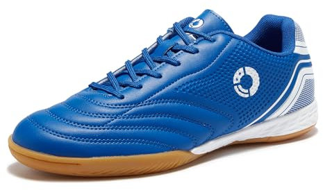 LEOCI Botas de fútbol de interior para hombre, zapatos de fútbol sala, superficie plana, de goma, para mujer, azul y blanco, 38 2/3 EU