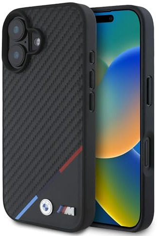 CG Mobile BMW HC M Handyhülle entworfen für iPhone 16, langlebig, stoßfest, kompatibel mit Magsafe, PU Carbon Tricolor Line Hülle Schwarz