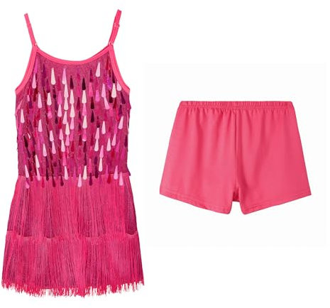 LOLANTA Mädchen Pailletten Fransen Tanzkostüm, Kinder Salsa Rumba Latein Tanzkleidung Set, Glitzerndes ärmelloses Quasten Tanz Mini Kleid mit Shorts, Rosa, 10-11 Jahre, 150