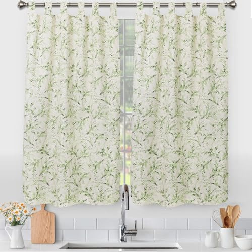 Viste tu hogar Pack 2 Cortina Cocina de Hojas Verde, Estilo Español con Tirantes, Tela Opaca Máxima Privacidad, Ideal para Ventanas de Cocina, 70% Algodón 30% Poliester, 90x145cm