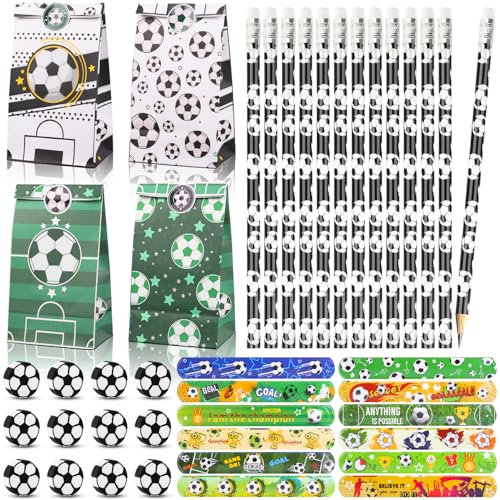 Fizdoqg Fussball Mitgebsel Jungen Set 48 Stück Fußball Mitgebsel Kindergeburtstag 12 Fußball Bleistift + 12 Fussball Radiergummi + 12 Papiertüten + 12 Schnapparmband für Fussball Party Mitgebsel