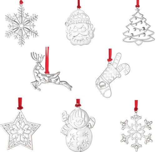 Set of 8 Silver Snowflake Metal Christmas Tree Ornaments - Deer, Snowman, Star Hanging Decorations (8 Styles)