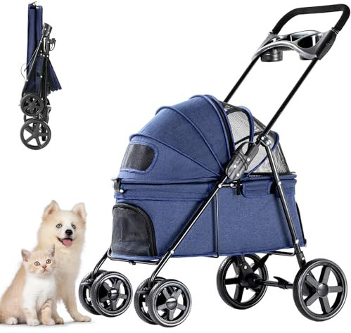 Joyfultails Hundewagen Faltbarer Hundebuggy Hundebox Transporttasche bis 15 Kg Haustier Buggy mit Netzfenstern Haustier Transportwagen Hunde Jogger Buggy Katzen Wagen(Blau)