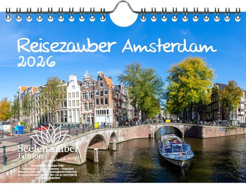 Reisezauber Amsterdam DIN A5 Kalender für 2026 Urlaub Grachten Tulpen - Inhalt: 1x Kalender 1x Weihnachtsanhänger 1x Grußanhänger (gesamt 3 Teile)