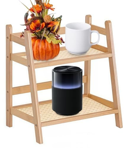 BAIFULAI Küche Tisch Gewürze Regal 29x27x18cm, 2 Tiers Bambus Nachahmung Rattanweberei Deko Gewürzregal Stehend Aufbewahrung Bambus Blumenhalter Bücherregal Tee Organizer für Büro Badezimmer Küche