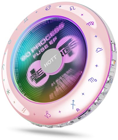 HOTT C901 Lecteur CD portable Kpop avec Bluetooth 5.3 anti-saut et rechargeable 1800 mAh avec support carte TF/12 panneaux astrologiques/lumière RVB Petit lecteur CD pour voyage en voiture