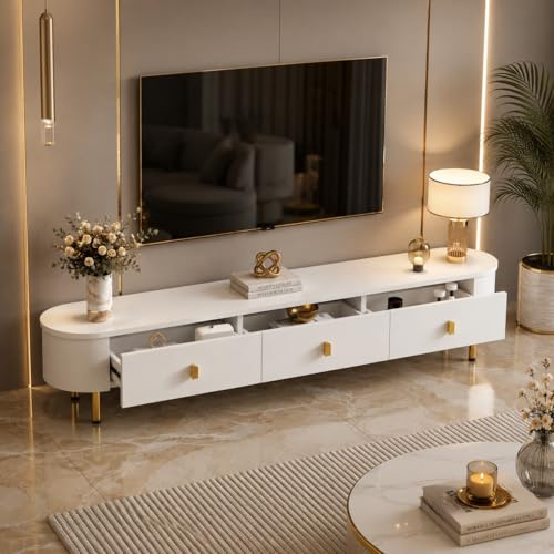OLIVIBED Mobile TV con 3 cassetti, Tavolo TV con Maniglie e Gambe Dorate, Moderno per TV Fino a 75 Pollici, Angoli arrotondati, Mobile TV per Soggiorno, 174 x 35 x 41 cm, Bianco