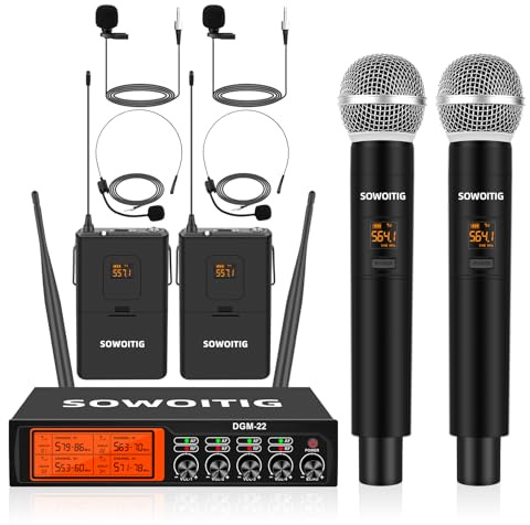 SOWOITIG Kabelloses Lavalier-Mikrofon mit Headset und Handmikrofonen – Professionelles 4-Kanal UHF Funkmikrofonsystem, 193 m Reichweite für Kirche, Karaoke, Hochzeit, Party, Familienfeier