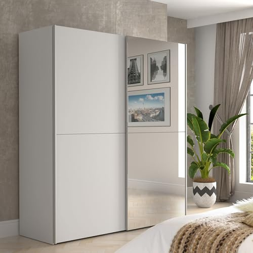 Forte KAIKAIS Kleiderschrank 170, moderner Schwebetürenschrank, 2-türig, Spiegel, Schlafzimmer, Holzwerkstoff, Weiß, 170,3 cm breit x 190,5 cm hoch x 61,2 cm tief