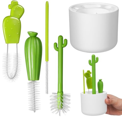 BESPORTBLE Multi-Function Cactus Bottle Brush Set 4pcs White with Lid Brush and Straw Cleaner for Bottles Daily Cleaning