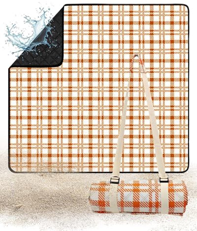 Hingue Picknickdecke 200x200 cm, Sandfest Stranddecke Wasserdicht Campingdecke, Waschbar Leichtgewicht mit Tragegriff für Outdoor, Camping, Krabbeldecke & Familienpicknick, Orange-Weiß kariert