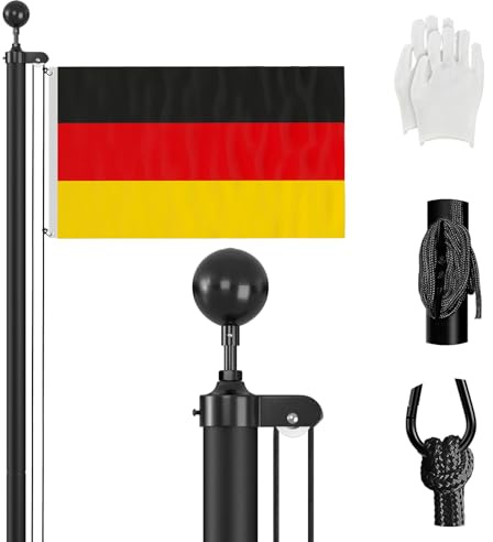 ZMTECH Fahnenmast 7,6m Stabil für den Außenbereich, 760cm Aluminium Garten Flaggenmast mit 2 Deutschland Flagge, Seil und Klammern für Feste, Garten, Haus, Wohn- und Geschäftszwecke, Schwarz
