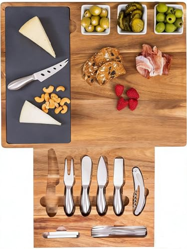 Set di taglieri in legno di acacia con ardesia nera, set di coltelli in acciaio inox e accessori da portata per formaggio, carne, frutta, antipasti