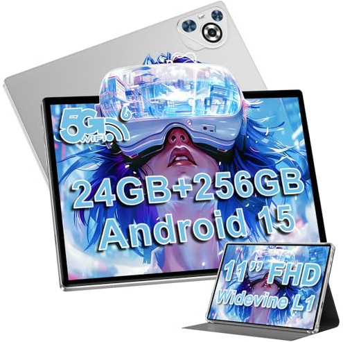 Tablette 11 Pouces Android 15 avec 256Go ROM(2To TF), 24 Go RAM - Argenté | Octa-Core 2.0Ghz, Widevine L1, 8000mAh, GPS, Face ID, GMS, 5G WiFi, 5MP+13MP, BT 5.0, Corps métallique, Tablette Tactile