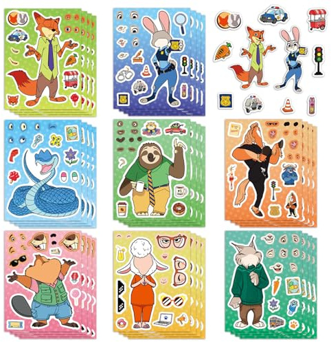 24 fogli di adesivi per bambini con animali zootopia, per creare il proprio misto e abbinato con 8 personaggi disegnati, adesivi per feste di compleanno, bomboniere, ricompensa di classe Crea i tuoi