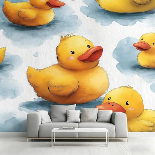 Gelbe Enten-Tapete, Kinderzimmer-Aquarell-Enten-Fototapete, Wohnzimmer-Vliestapete, Wanddekoration, Motivtapete, 200 cm x 140 cm