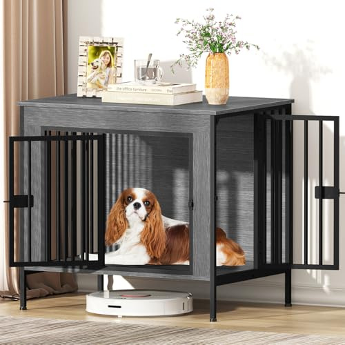 AMLANCHER 72cm Hundebox Holz, Hundekäfig Möbel, 2 Türen Dunkelgrau | Hundebox Holz für Kleine Hunde, 10cm Beine für Staubsaugerroboter, 90% vormontiert, kausicher, 72x52x66cm