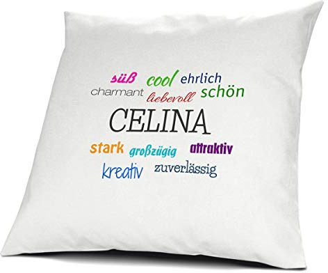 printplanet Kopfkissen mit dem Namen Celina, Kissen mit Füllung - Positive Eigenschaften, 40 cm, 100% Baumwolle, Kuschelkissen, Liebeskissen, Namenskissen, Geschenkidee