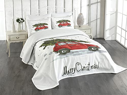 ABAKUHAUS Weihnachten Tagesdecke Set, Retro-Auto mit Baum, Set mit Kissenbezügen Ohne verblassen, für Doppelbetten 264 x 220 cm,Rot-grüne