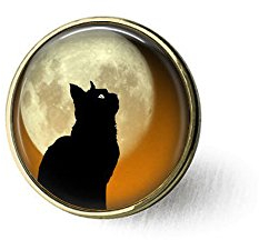Schwarze Katze Mond Brosche – Halloween-Katzen-Schmuck – schwarzes Katzenprofil Vollmond