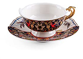 Seletti KANNAUJ - Set di tazze da tè ibride, eleganti, per la tavola ibrida, occidentale, orientale, motivo floreale, moderno, durevole, piattino, piattino da tè nero