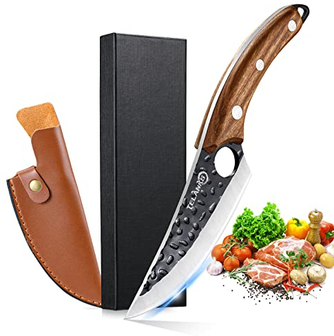 TELANKS 6-Zoll Japanisches Küchenmesser Geschmiedet – Profi Ausbeinmesser mit Lederhülle, Fingerloch & Holzgriff, Scharfes Kochmesser für Fleisch, Gemüse & Grill