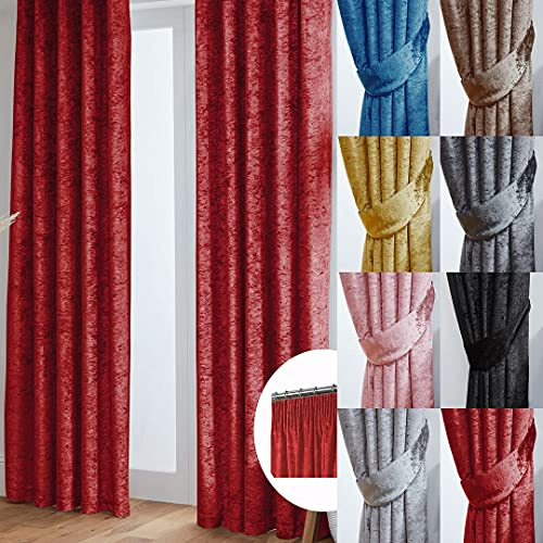 John Aird Crushed Velvet Fully Lined Pencil Pleat Curtains (Red, 90 Wide x 108 Drop)