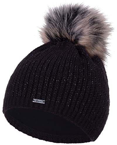 Faera Mütze Damen Glantzgarn Bommelmütze Wintermütze Leichter Glitzer gefüttert Winter Futter Beanie Mädchen 77, Farbe:Schwarz