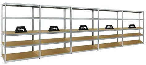 PROREGAL Mega Deal 5er-Set Schwerlastregale Big Elephant 180x120x60cm mit 5 Ebenen Fachlast 250kg Verzinkt