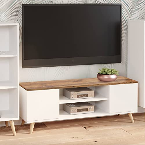 Dmora - Meuble TV Lomza, Buffet de salon, Armoire basse pour TV, Base murale de rangement, 155x40 h49 cm, Blanc