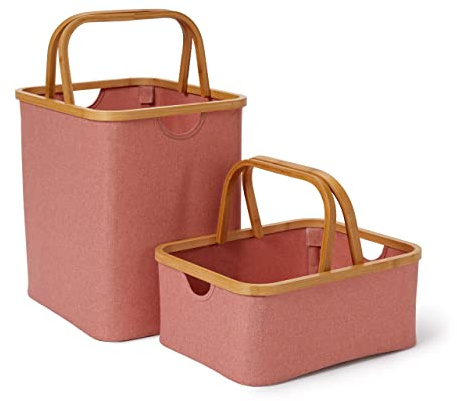 Lumaland - Lot de 2 Paniers de rangement avec cadre et poignées en bambou - Paniers à linge pliables - Pour Salle de Bain Chambre ou Salon - dimensions 40,5 x 33 x 17 cm & 40,5 x 33 x 42 cm - Rose