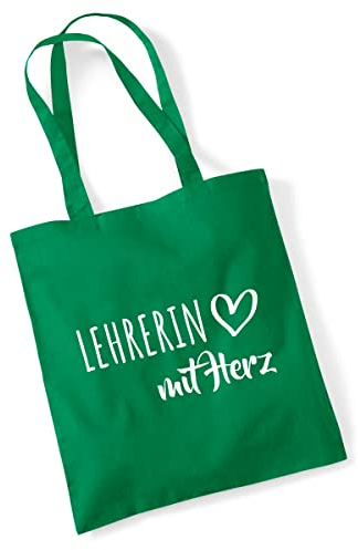Huuraa Beutel Lehrerin mit Herz Geschenk 10 Liter Kelly Green Baumwolle Lehrerin Präsent