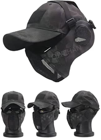Masque pliable demi-visage Airsoft en maille, avec protection des oreilles, casquette de baseball réglable, pour CS/chasse/paintball/tir