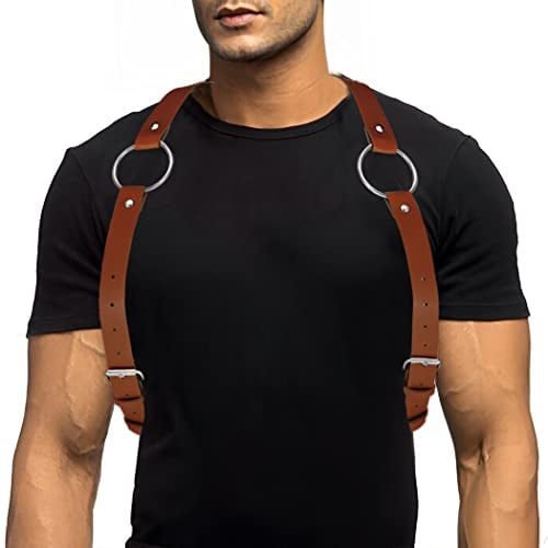 COSYDAYS Herren Brustgeschirr aus Leder, Punk, Körper, Schultergeschirr, Ring, verstellbare Schnallenriemen, Party, Rave, Körperschmuck (braun)