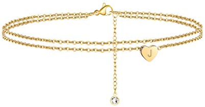 TINGN Fußkettchen für Damen Gold, 14 Karat Gold Gefüllt Handgefertigt Geschichtet Fußkettchen Buchstabe Herz Fußkettchen für Frauen Schmuck Geschenke Fußkettchen mit Buchstaben J Fußkettchen Gold