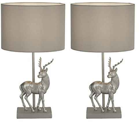 2 Pack - Silver Stag Vintage Table Lamp Light with Grey Fabric Drum Shade | 425mm Height | 1 x E27 ES Lamp Bulb Required (Not Included) | 3 Pin Plug | in-line Switch | Suitable for LED