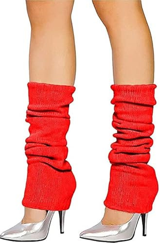 Top Linen (NW) Ltd Dance Plain Ribbed Leg Warmers - Plain Leg Warmer Fluorescent 80s Party Neon Ballet Dance & Ice Skating - Made In UK (Leg Warmers - Pack of 2 Red)