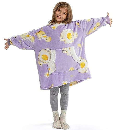Winthome Hoodie Decke Kinder, mit Ärmelnn Weiche und Bequeme, Kuschelpullover mit Tasche und Hut, Ärmeldecke Mädchen Junge für 7-12 Jahren, Weihnachten, Geschenk (Katze)